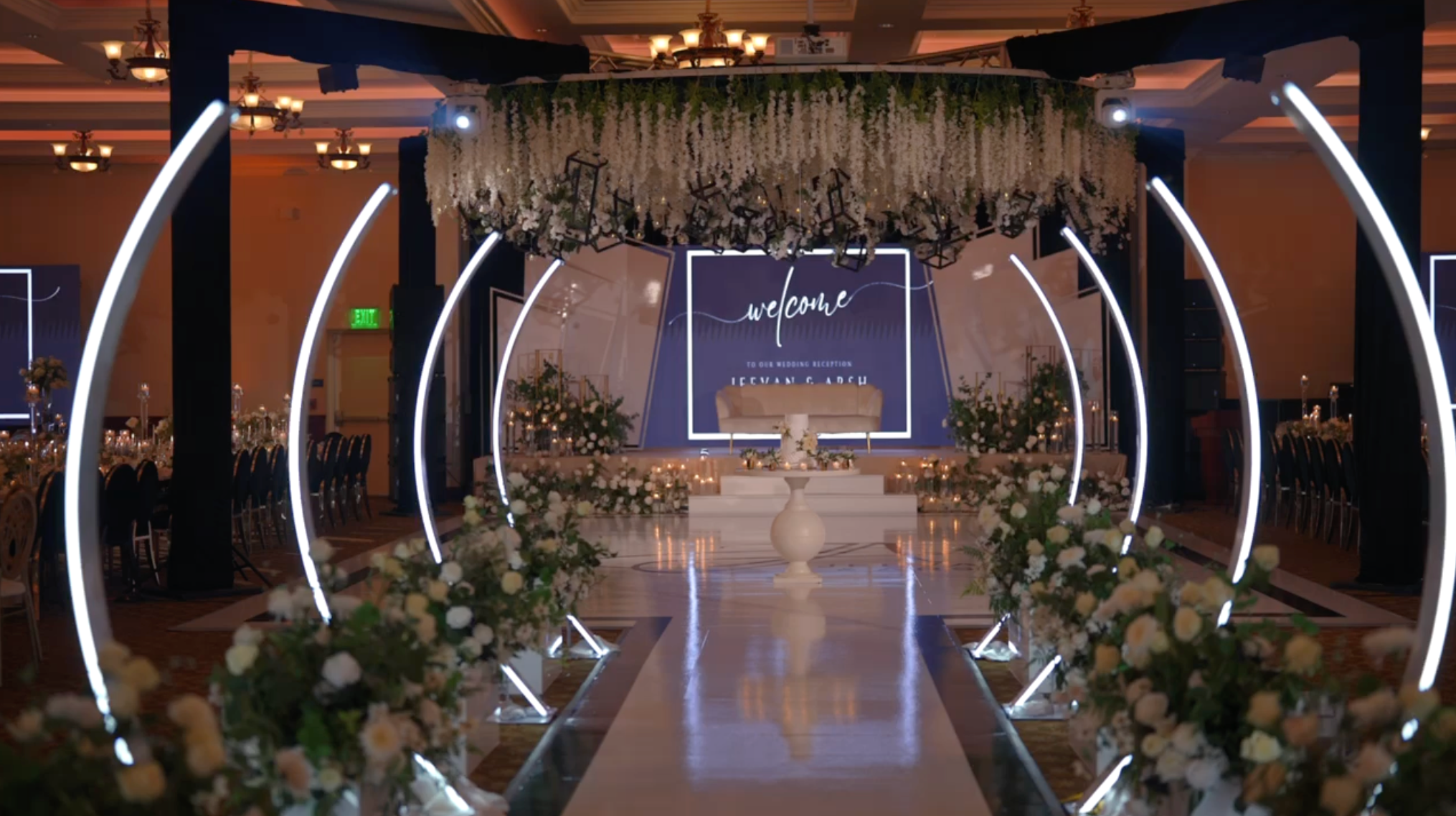 Sunrise Event Center — wedding reception with neon arch