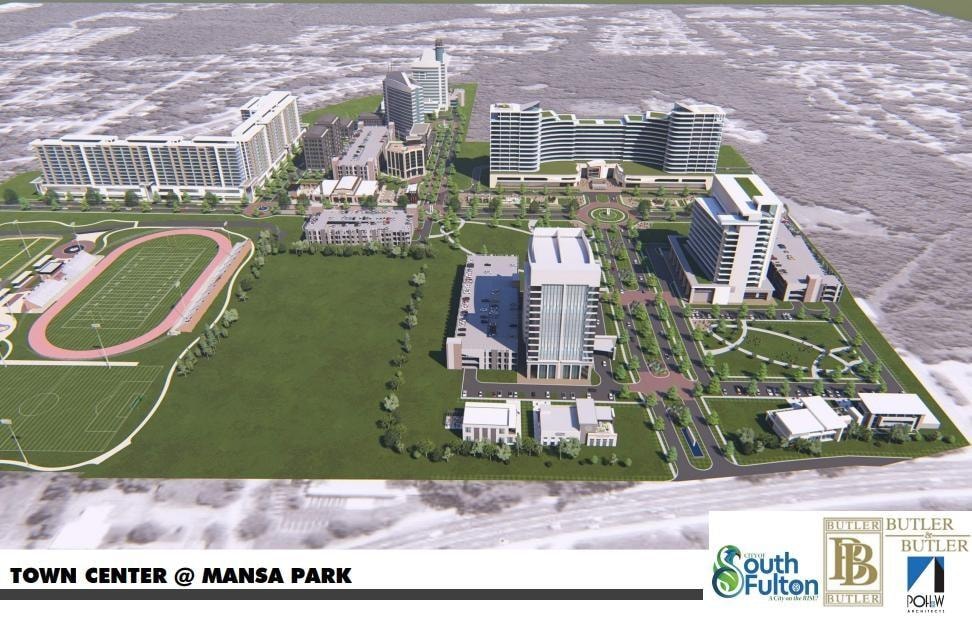 Town Center at Mansa Park 3D aerial rendering