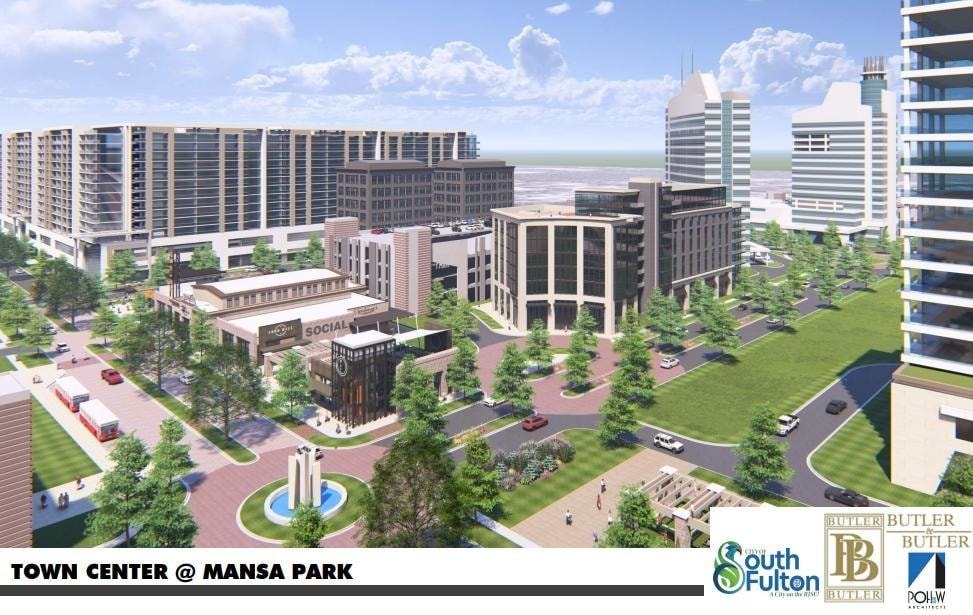 Town Center at Mansa Park full aerial rendering with sports complex, track, hotels and office towers