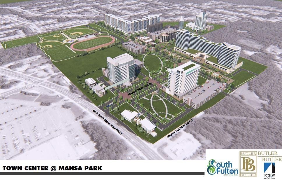 Town Center at Mansa Park street-level rendering showing mixed-use retail, office towers and residential buildings