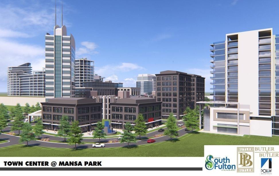 Town Center at Mansa Park street-level rendering showing office towers, retail pavilions and green space