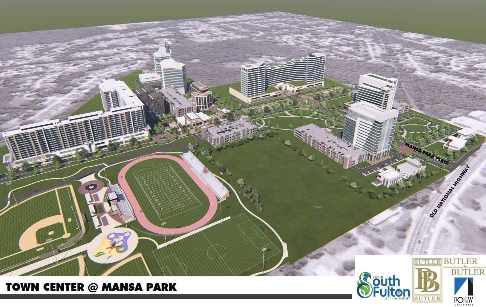 Town Center at Mansa Park detailed sports complex site plan showing ballfields, track, soccer fields along Old National Highway